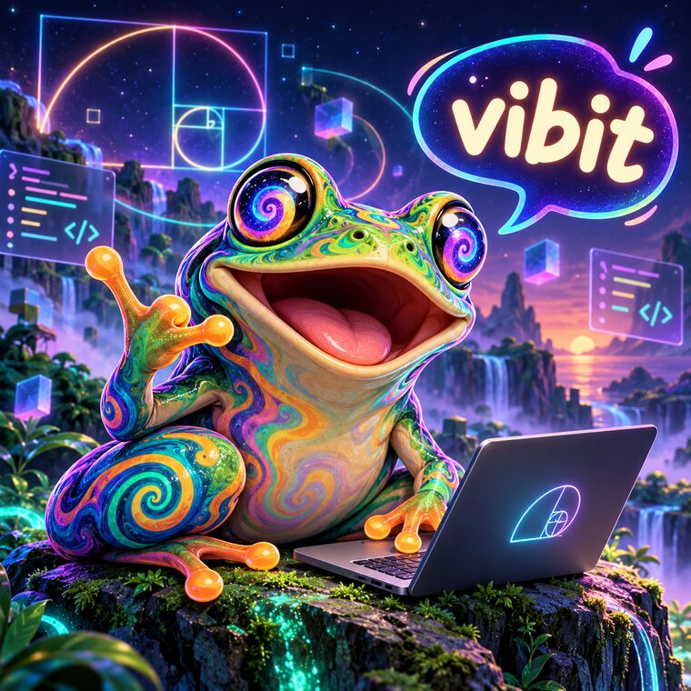 Vibonacci's frog mascot coding happily on a laptop